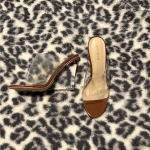 Bamboo Women's Clear and Brown Heeled Mules